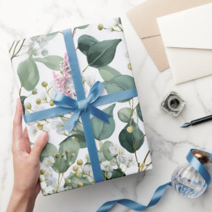 Papel De Regalo Patrón floral blanco eucalipto verde botánico