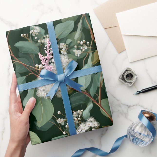 Papel De Regalo Patrón floral blanco eucalipto verde botánico (Regalar)