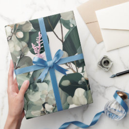 Papel De Regalo Patrón floral blanco eucalipto verde botánico