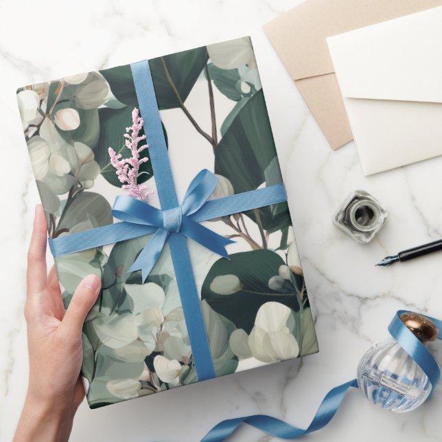 Papel De Regalo Patrón floral blanco eucalipto verde botánico (Regalar)