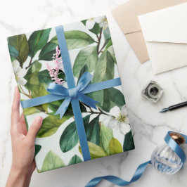 Papel De Regalo Patrón floral blanco hoja verde acuarela