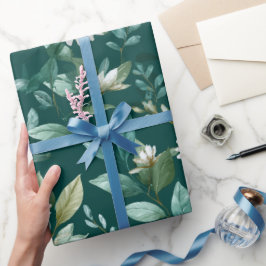 Papel De Regalo Patrón floral blanco hoja verde acuarela