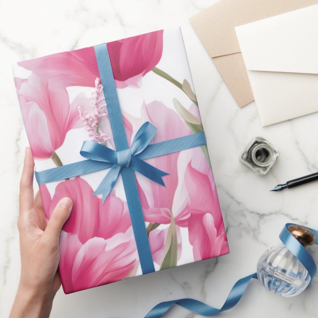 Papel De Regalo Patrón floral blanco tulipán rosa moderno (Regalar)