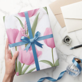 Papel De Regalo Patrón floral blanco tulipán rosa moderno