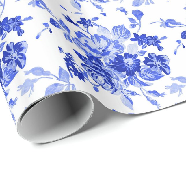 Papel De Regalo Patrón floral blanco y azul vintado (Esquina del rollo)