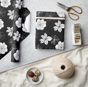 Papel De Regalo Patrón floral blanco y negro