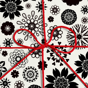 Papel De Regalo Patrón floral blanco y negro moderno divertido