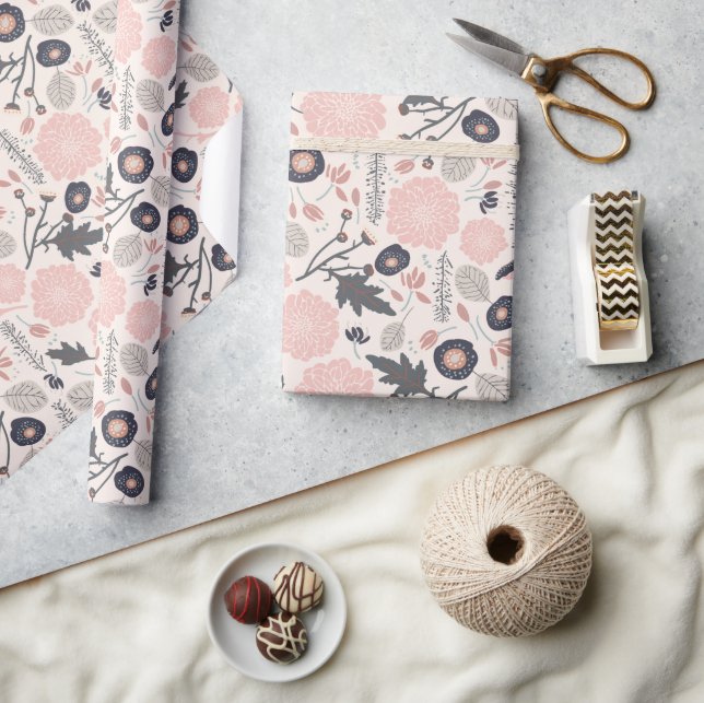 Papel De Regalo Patrón floral botánico gris rosado negro (Artesanía)