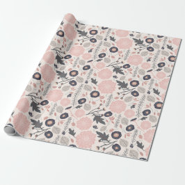 Papel De Regalo Patrón floral botánico gris rosado negro