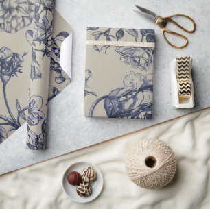 Papel De Regalo Patrón Floral Botánico Toile Azul Vintage