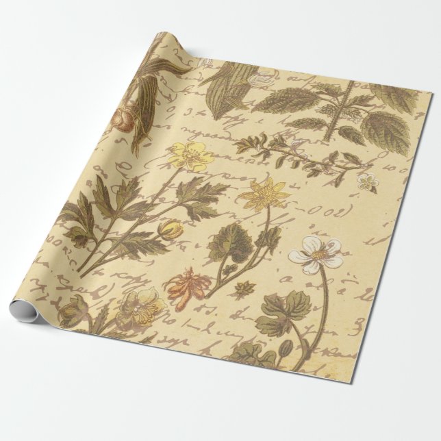Papel De Regalo Patrón floral botánico vintage (Desenrollado)