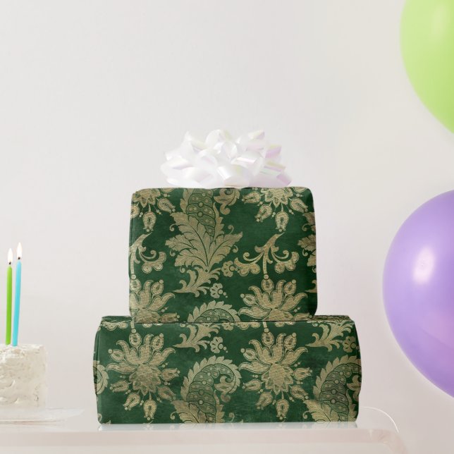 Papel De Regalo Patrón floral Celta Green Gold Paisley (Regalos de fiesta)