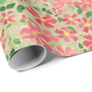 Papel De Regalo Patrón floral clematis rosa, rojo, Naranja en taúp