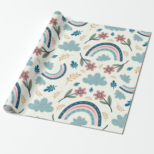 Papel De Regalo Patrón floral con formas de arcoíris y nubes