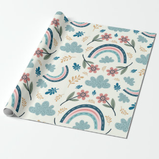 Papel De Regalo Patrón floral con formas de arcoíris y nubes
