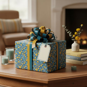 Papel De Regalo Patrón floral de acuarela dorada y azul