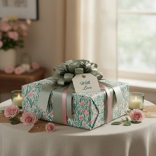 Papel De Regalo Patrón floral de acuarela en melocotón y verde