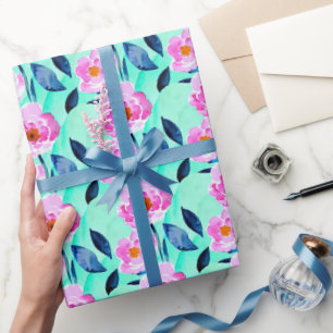 Papel De Regalo Patrón floral de acuarela rosa y azul