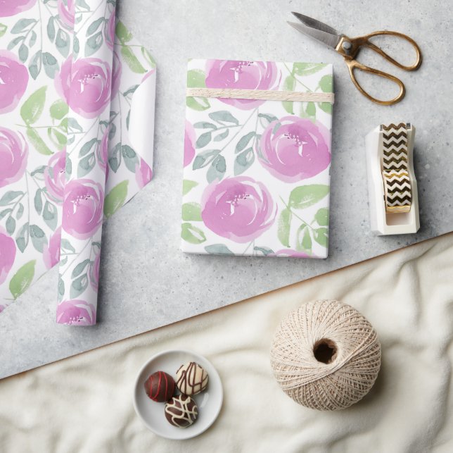 Papel De Regalo Patrón floral de acuarela rosada moderna (Artesanía)