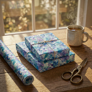 Papel De Regalo Patrón floral de acuarela vibrante en azul y Verde