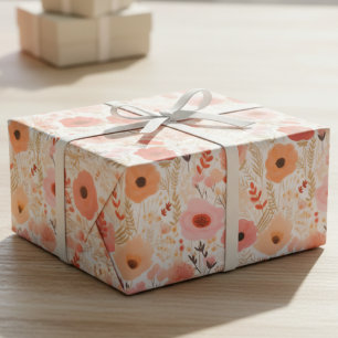 Papel De Regalo Patrón floral de amapola coral y melocotón cálido