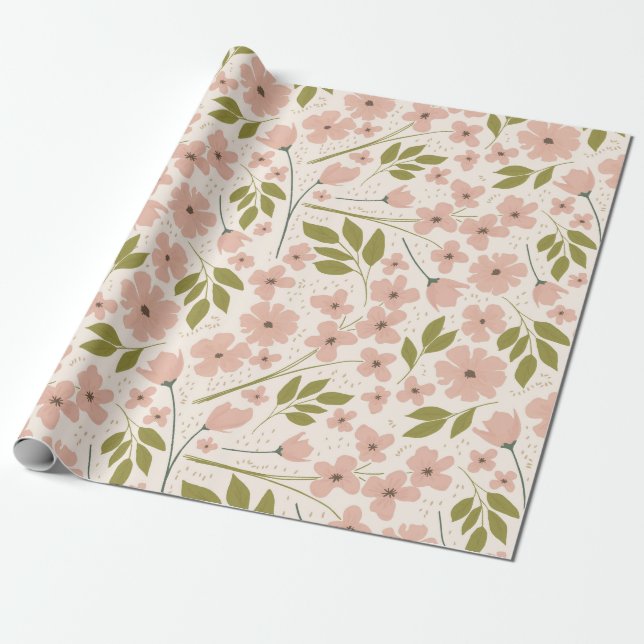 Papel De Regalo Patrón floral de Bonito rosa y crema de Rubor (Desenrollado)