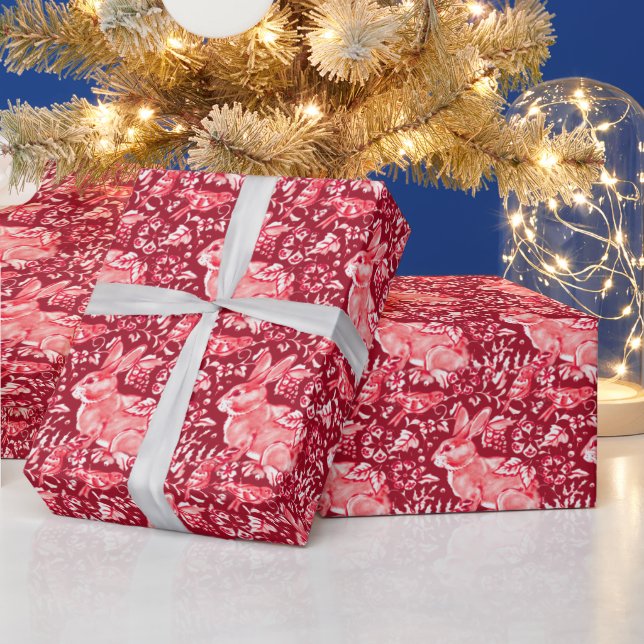 Papel De Regalo Patrón floral de bosque de pájaro de conejo rojo d (Vacaciones)