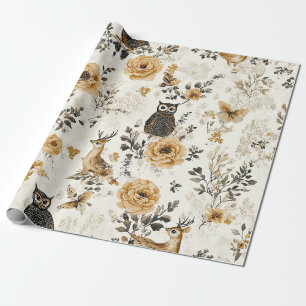 Papel De Regalo Patrón Floral de Búho Beige País Francés