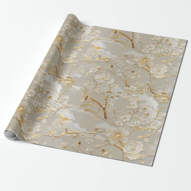Papel De Regalo patrón floral de crema dorada de moda (Desenrollado)