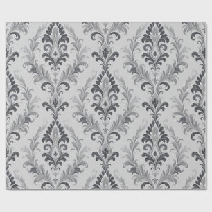 Papel De Regalo Patrón floral de damasco barroco gris plateado