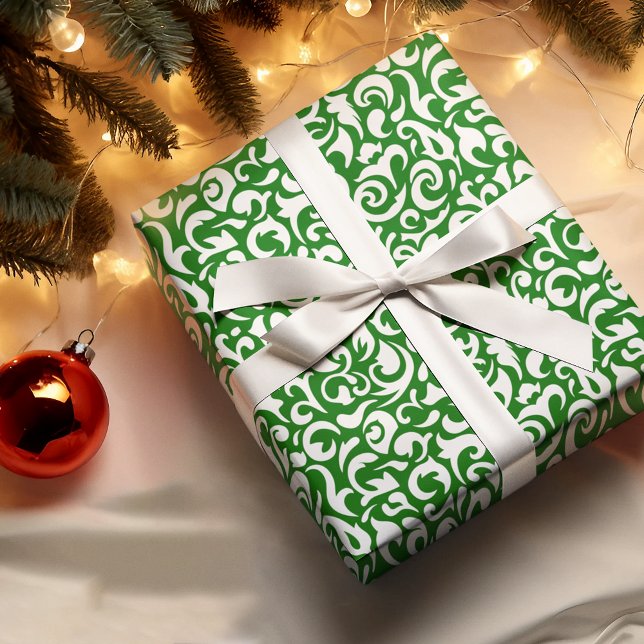 Papel De Regalo Patrón floral de Damasco verde oscuro blanco lindo (Subido por el creador)