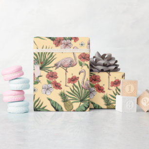 Papel De Regalo Patrón floral de flamenco amarillo tropical