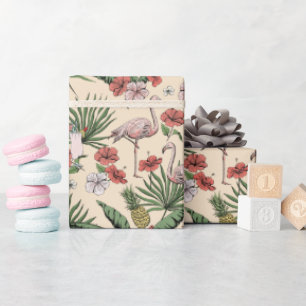 Papel De Regalo Patrón floral de flamenco de marfil tropical