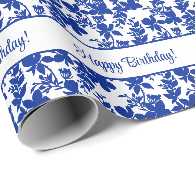 Papel De Regalo Patrón floral de Happy Birday Blue Azure (Esquina del rollo)