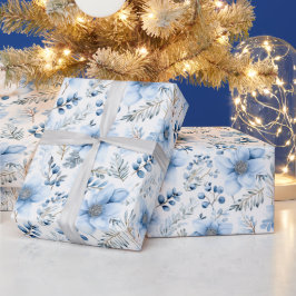 Papel De Regalo Patrón Floral de Invierno Azul