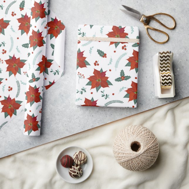 Papel De Regalo Patrón floral de la Poinsettia roja de los navidad (Artesanía)