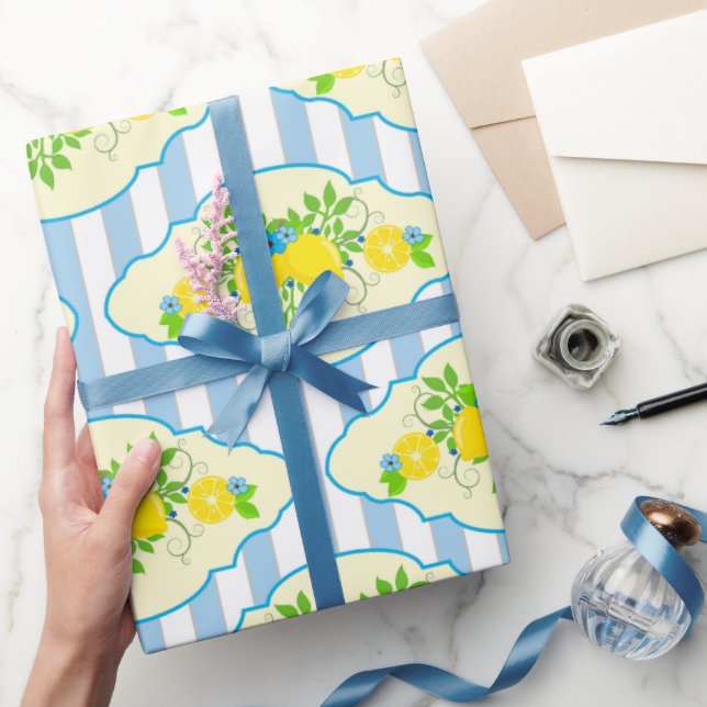 Papel De Regalo Patrón floral de lémones amarillos y azules de ver (Regalar)