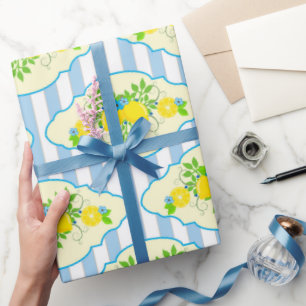 Papel De Regalo Patrón floral de limones azules y amarillos verani