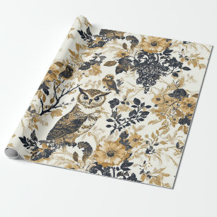 Papel De Regalo Patrón Floral de Madera de Búho Beige Rústico