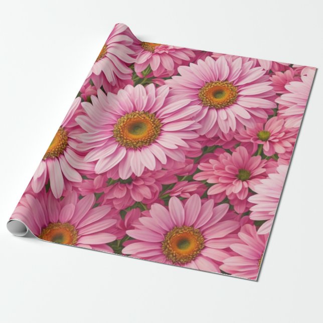 Papel De Regalo Patrón floral de margaritas rosa retro (Desenrollado)