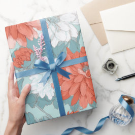 Papel De Regalo Patrón floral de menta con flor de coral dibujado 
