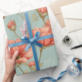 Papel De Regalo Patrón floral de menta con flor de coral dibujado 