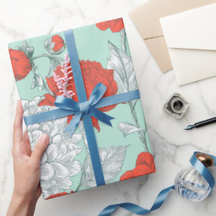 Papel De Regalo Patrón floral de menta con flor de coral dibujado 