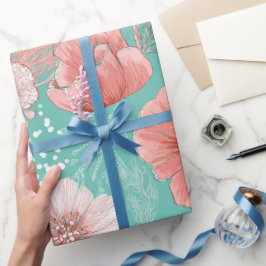 Papel De Regalo Patrón floral de menta de flor de coral dibujado a