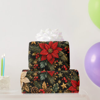 Papel De Regalo Patrón Floral de Navidad con Poinsettia de Lujo