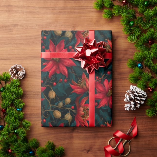 Papel De Regalo Patrón Floral de Navidad Rojo Oscuro (Regalo de vacaciones)