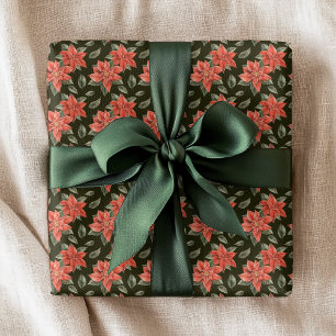 Papel De Regalo Patrón Floral de Navidad Verde Flor de Pascua Roja