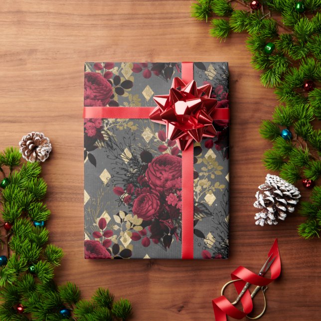 Papel De Regalo Patrón floral de Navidades góticos dorados (Regalo de vacaciones)
