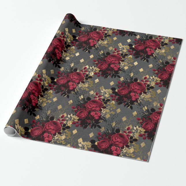 Papel De Regalo Patrón floral de Navidades góticos dorados (Desenrollado)
