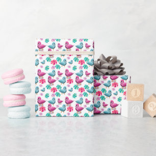 Papel De Regalo Patrón floral de pato lindo Kawaii rosa y azul